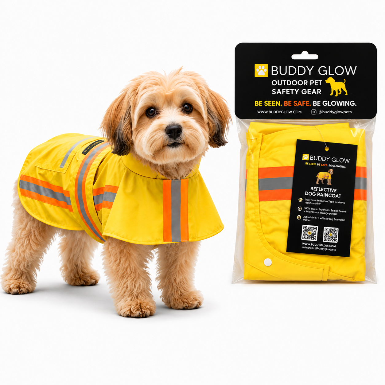 Waterproof Dog Raincoat with Two-Tone Reflective Trim, Seam-Sealed Full-Body Rain Jacket Dry Suit for XSmall to Large Dogs – Yellow