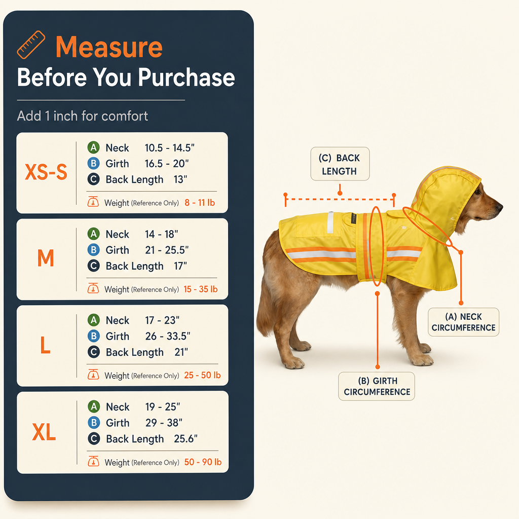 Waterproof Dog Raincoat with Two-Tone Reflective Trim, Seam-Sealed Full-Body Rain Jacket Dry Suit for XSmall to Large Dogs – Yellow