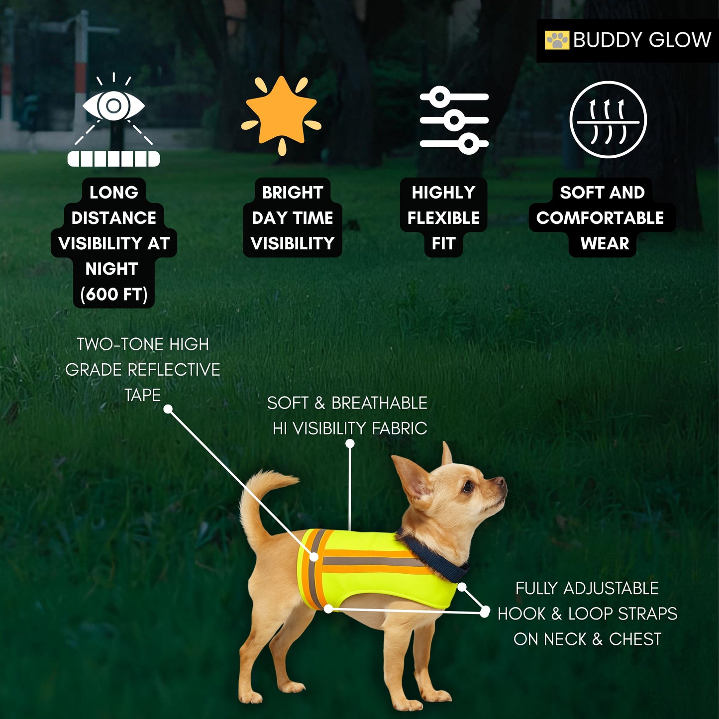 Reflective Dog Vest - Hi-Vis Yellow, Lightweight & Breathable (Tiny Breed, Extra Small)