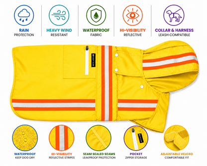 Waterproof Dog Raincoat with Two-Tone Reflective Trim, Seam-Sealed Full-Body Rain Jacket Dry Suit for XSmall to Large Dogs – Yellow