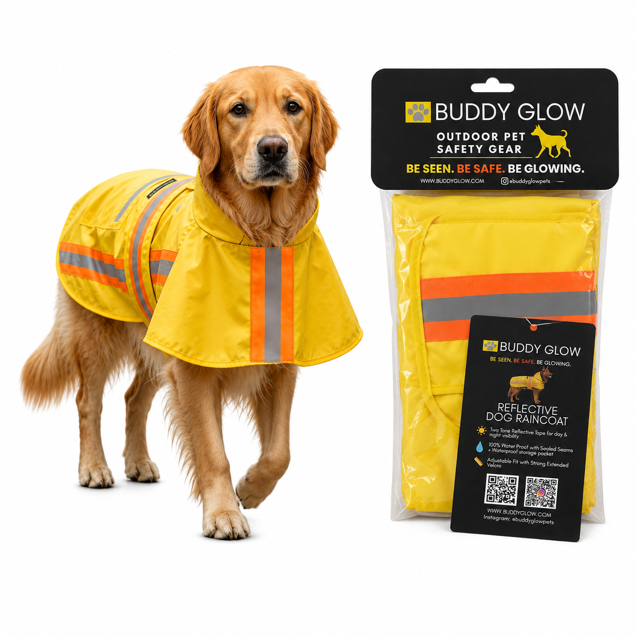 Waterproof Dog Raincoat with Two-Tone Reflective Trim, Seam-Sealed Full-Body Rain Jacket Dry Suit for XSmall to Large Dogs – Yellow